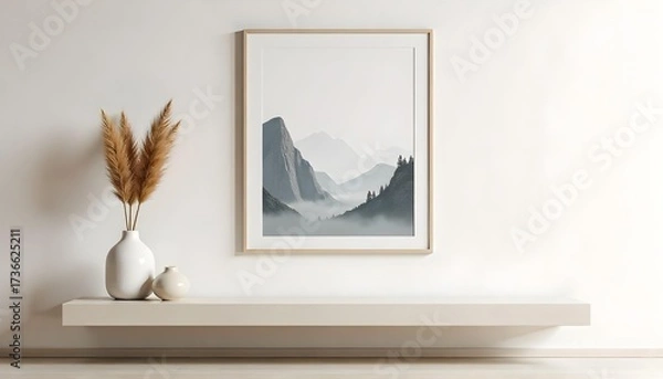 Fototapeta Minimalist interior design featuring a framed landscape painting with mountains and trees , a vase with pampas grass , and a console table against a neutral wall.