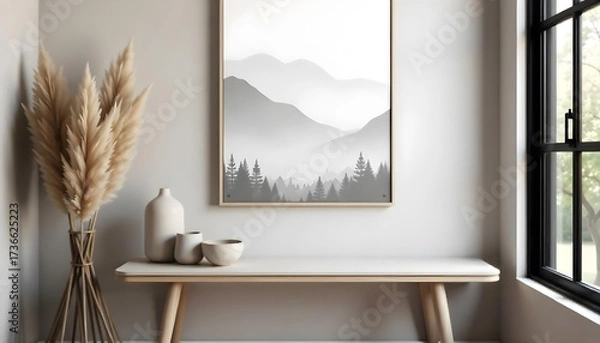 Fototapeta Minimalist interior design featuring a framed landscape painting with mountains and trees , a vase with pampas grass , and a console table against a neutral wall.