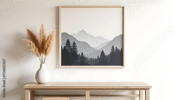 Fototapeta Minimalist interior design featuring a framed landscape painting with mountains and trees , a vase with pampas grass , and a console table against a neutral wall.