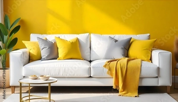 Fototapeta White couch with yellow and gray pillows and an yellow blanket in a living room with a yellow wall.