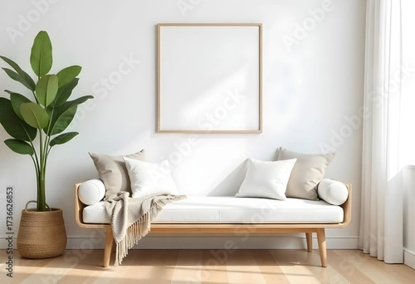 Fototapeta A bench with pillows and a blanket in front of a white wall with a frame , in a living room.