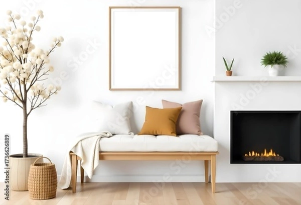 Fototapeta A bench with pillows and a blanket in front of a white wall with a frame , in a living room.