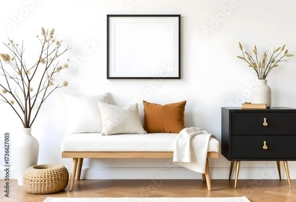 Fototapeta A bench with pillows and a blanket in front of a white wall with a frame , in a living room.