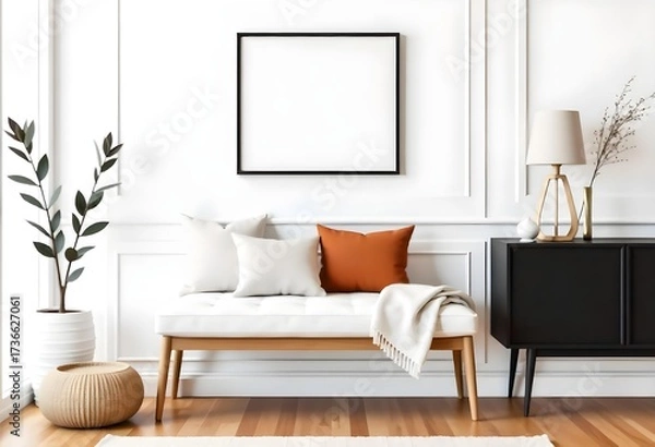 Fototapeta A bench with pillows and a blanket in front of a white wall with a frame , in a living room.