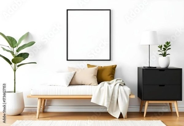 Fototapeta A bench with pillows and a blanket in front of a white wall with a frame , in a living room.