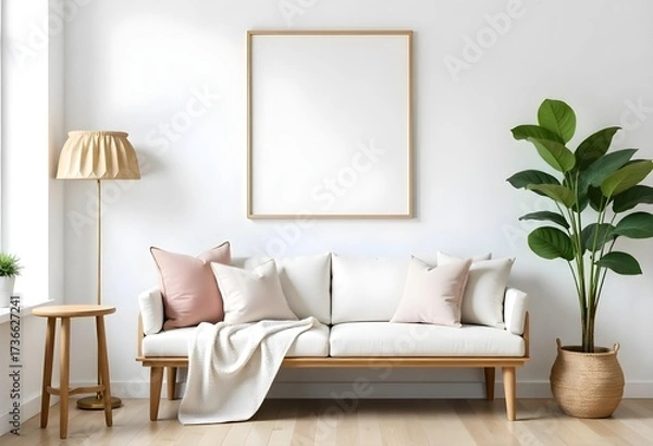 Fototapeta A bench with pillows and a blanket in front of a white wall with a frame , in a living room.
