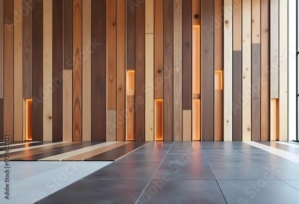 Fototapeta Wooden planks of different colors forming a floor , a shiny gray floor, futuristic design, studio environment, vertical lines, warm tones.