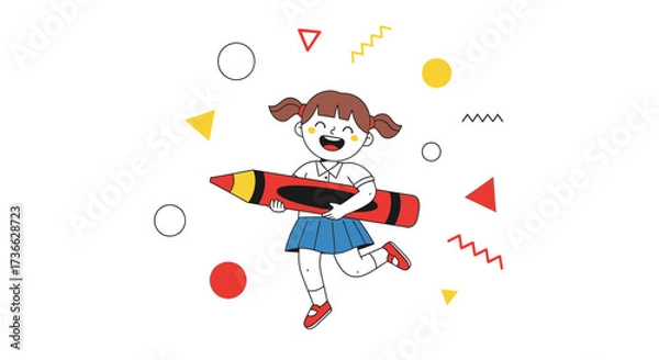 Obraz Cheerful Child Illustrates, Holding a Giant Crayon, Exuding Joyful Youthfulness and Playfulness