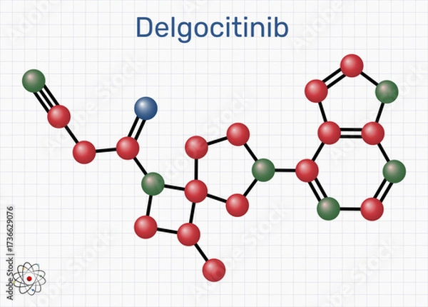 Fototapeta Delgocitinib molecule. Topical pan-JAK inhibitor for atopic dermatitis (eczema) treatment. Molecular model. Sheet of paper in a cage. Vector illustration