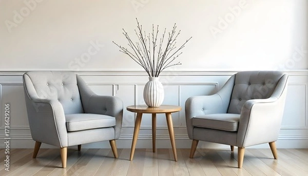 Fototapeta Interior design of a living room with a white armchair, a round table with a vase and a wooden wall in the background.