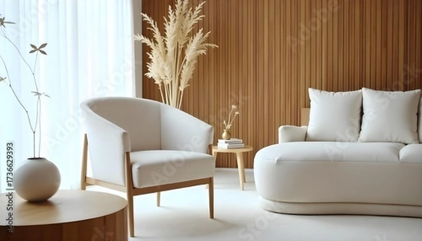 Fototapeta Interior design of a living room with a white armchair, a round table with a vase and a wooden wall in the background.