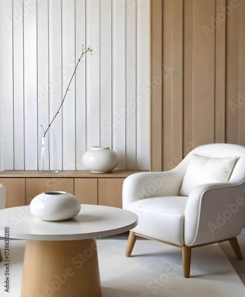 Fototapeta Interior design of a living room with a white armchair, a round table with a vase and a wooden wall in the background.