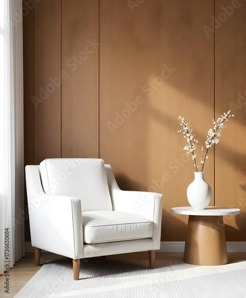 Fototapeta Interior design of a living room with a white armchair, a round table with a vase and a wooden wall in the background.