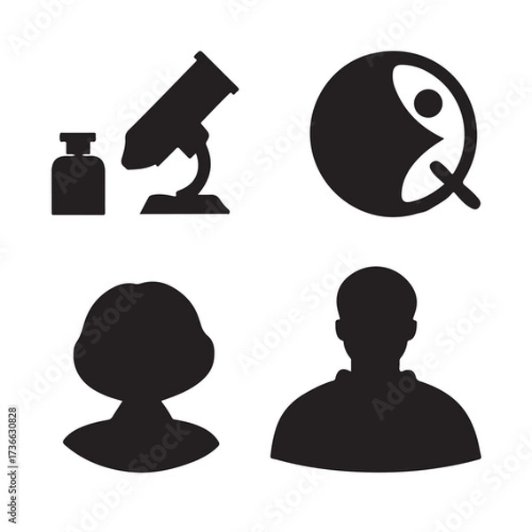 Fototapeta Set of four black silhouette icons representing science art and people