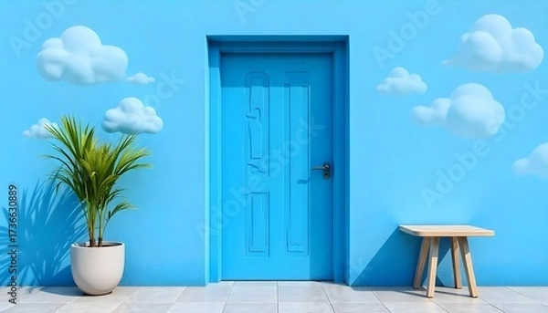 Fototapeta A blue door with a blue handle, a plant in a pot on the left and a small table on the right, blue cloudy wall.