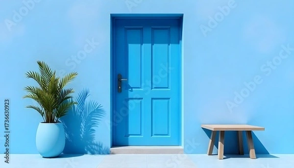 Fototapeta A blue door with a blue handle, a plant in a pot on the left and a small table on the right, blue cloudy wall.