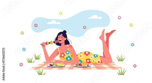Fototapeta Cheerful Lady Enjoying Picnic, Delightfully Relishing Fruit Skewer in Sunny Outdoors