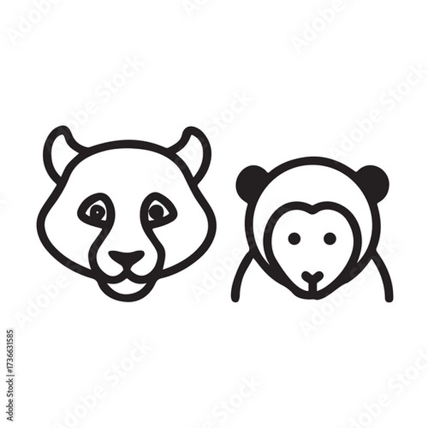 Fototapeta Simple line art icons of a panda and a monkey faces