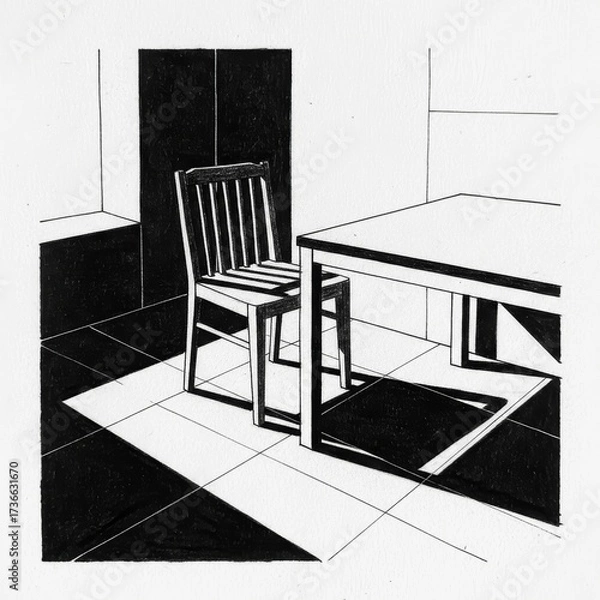 Obraz Black and white illustration of a chair and table in a minimalist setting  