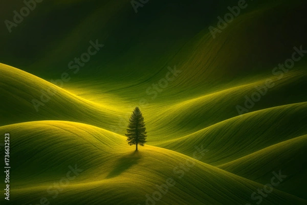 Fototapeta A lone tree stands amidst gently rolling hills bathed in golden sunlight. The landscape captures a serene and tranquil atmosphere.