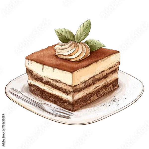 Fototapeta Tiramisu dessert illustration art isolated on white background, depicting classic Italian layered sweet treat perfect for cafe, bakery, and food design projects.