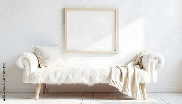 Fototapeta Interior of a living room with a white couch, a wooden table, a chair , a carpet , a painting and a lamp in a minimalist style.