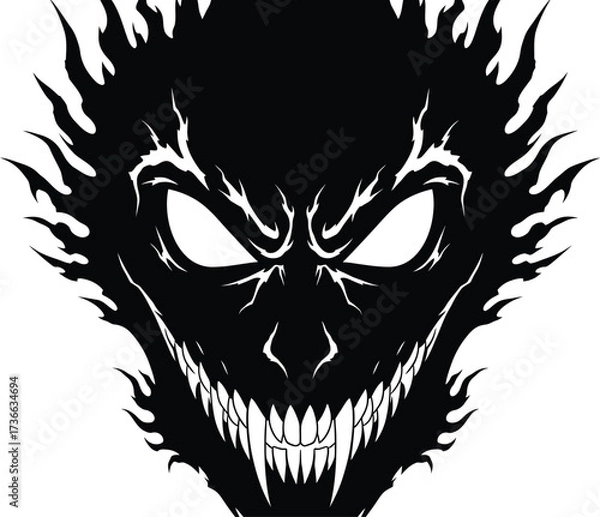 Fototapeta Menacing black silhouette of a monster face with sharp teeth and glowing eyes