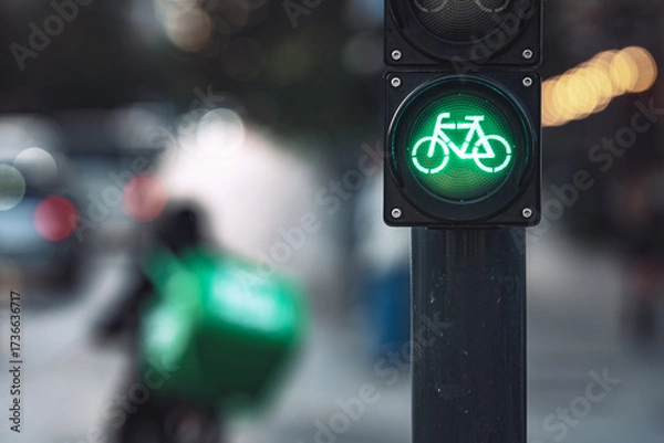 Obraz Close-up of green bicycle traffic light signal illuminated with food delivery cyclist riding on urban street in background