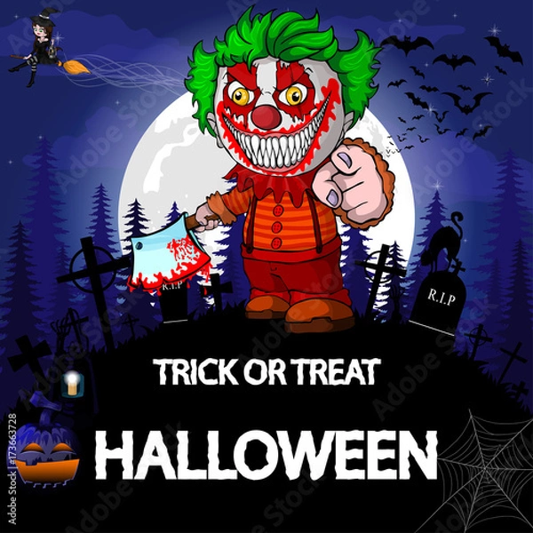 Fototapeta Halloween Party Design template, with clown, witch, pumpkin and lamp