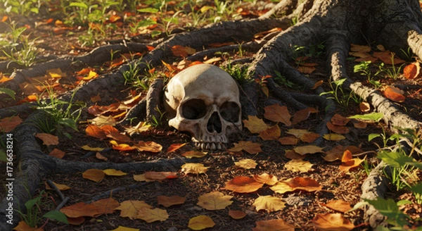 Fototapeta Skull resting among colorful autumn leaves and tree roots  