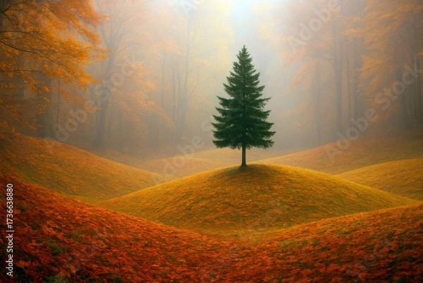 Fototapeta A lone evergreen tree stands atop a gentle hill surrounded by vibrant autumn foliage. Mist creates a dreamy atmosphere in the forest background.AI generated.
