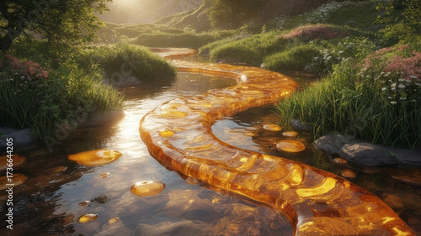 Obraz Magical golden river flowing through a lush enchanted forest at sunrise