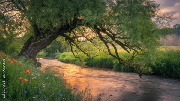Obraz Tranquil willow tree overlooking a sunlit stream in a meadow