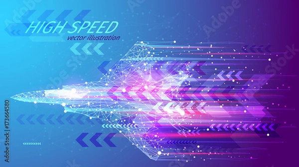 Fototapeta High speed concept. Fighter jet in the form of a starry sky or space, consisting of points, lines, and shapes in the form of planets, stars and the universe. Vector wireframe concept. Blue purple