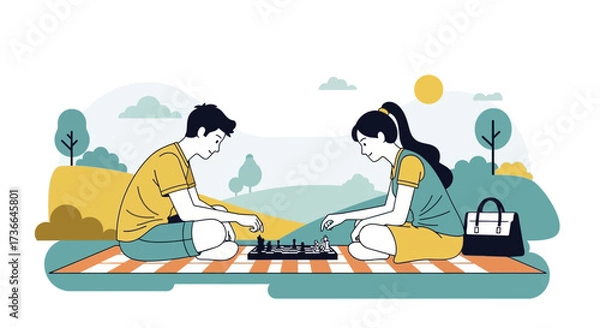 Fototapeta Couple Playing Chess Outdoors Amidst Serenity and Recreation in the Park