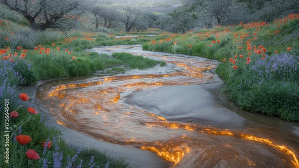 Obraz Magical glowing stream winding through a vibrant wildflower meadow at dusk