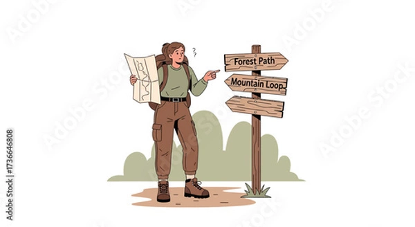 Fototapeta Confused hiker looking at a map, deciding which trail to take, forest path or mountain loop?