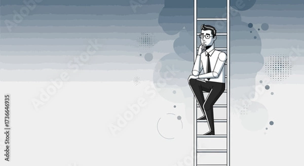 Fototapeta Contemplative Businessman Atop a Ladder, Navigating Uncertainties in a Monochrome World