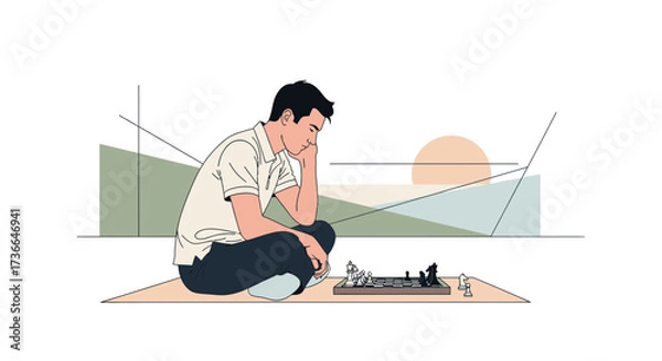 Fototapeta Contemplative Man Playing Chess With Silhouette Abstract Landscape, Strategic Thinking