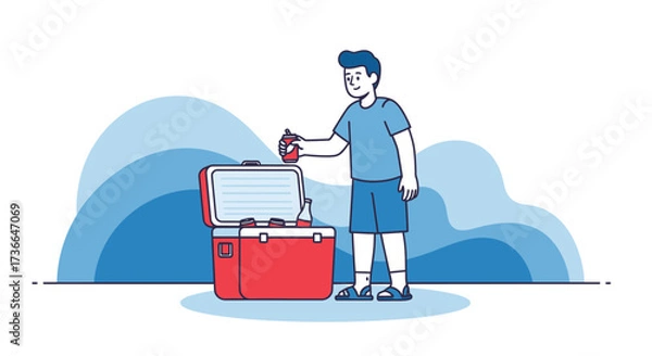 Fototapeta Cooler Enjoyment: A Relaxed Figure Reaching for Refreshment Beside a Red Cooler