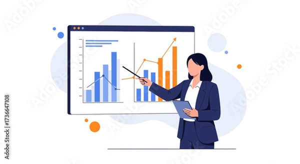 Fototapeta Corporate Presentation Featuring Woman Pointing at Charts and Graphs Showing Market Growth