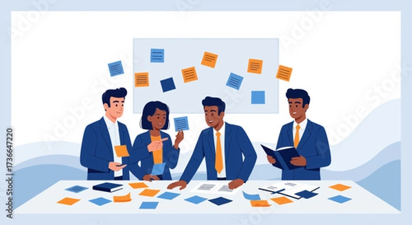 Fototapeta Corporate Team Discussing Ideas With Sticky Notes in Collaborative Office Session