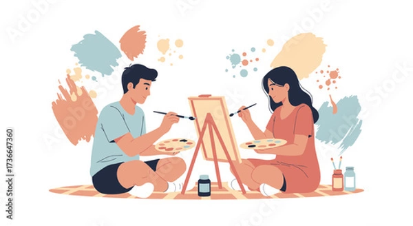 Fototapeta Couple Creatively Painting Together, Artistic Endeavor with Vibrant Color, Studio Focus