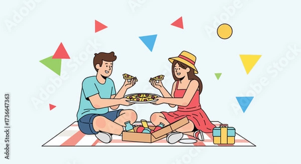 Fototapeta Couple Delightfully Enjoying Fresh Pizza Together During A Refreshing Outdoor Picnic