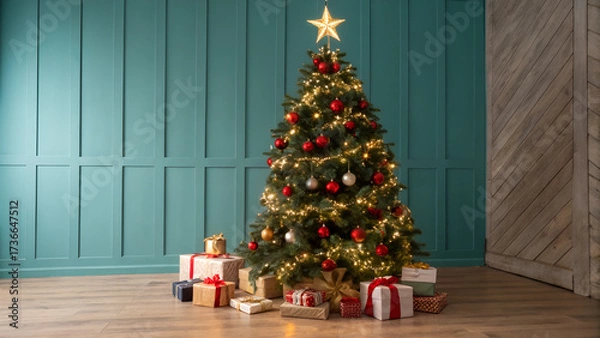 Fototapeta christmas tree with candles and gifts.  style unfurnished minimalist and elegant home interior with a decorated Christmas tree and gifts against a sky blue wall background