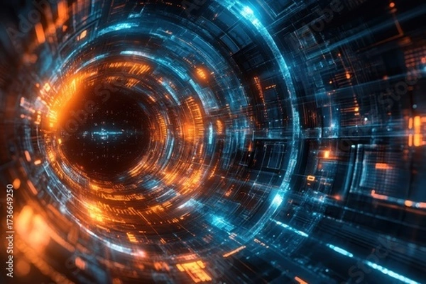 Obraz A futuristic tunnel of glowing blue and orange lights conveys a sense of motion and energy