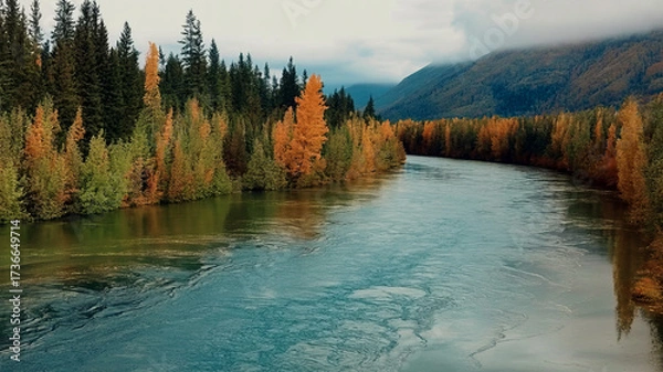 Obraz Scenic river flowing through a vibrant autumn forest with mountains in the background