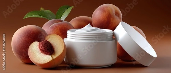 Fototapeta Delicate cream sits beside ripe peaches, highlighting a blend of nature's bounty and skincare luxury in a warm, inviting atmosphere