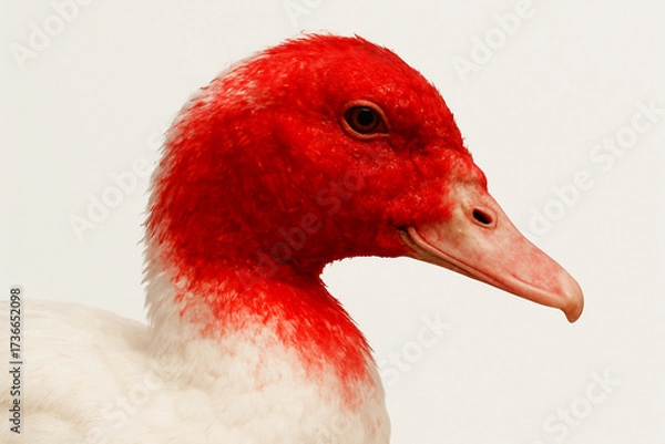 Fototapeta A Muscovy Duck in Stunning Detail. The Duck's Bright Red Head Contrasts Beautifully with its White Feathers, Creating A Visually Appealing Composition. Perfect for Nature Enthusiasts, Bird Lovers, ...
