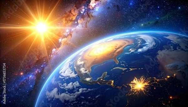 Fototapeta Earth in the vastness of space, sun and nebulae, breathtaking cosmic view.